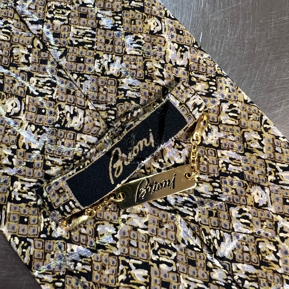 Brioni Men’s Tie 100% Silk Made in‎ Italy Gold Brown Geometric Pattern - Picture 5 of 7